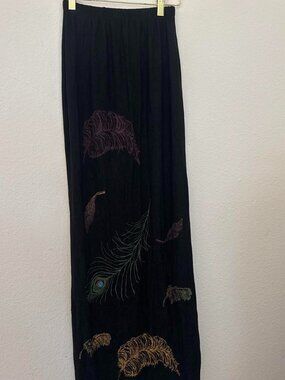 Staley Gretzinger black maxi skirt with embroidered feathers in gold and